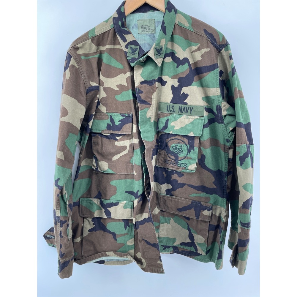 US Navy Camo Jacket Mens Large Regular Seabees Woodland BDU Vintage Military